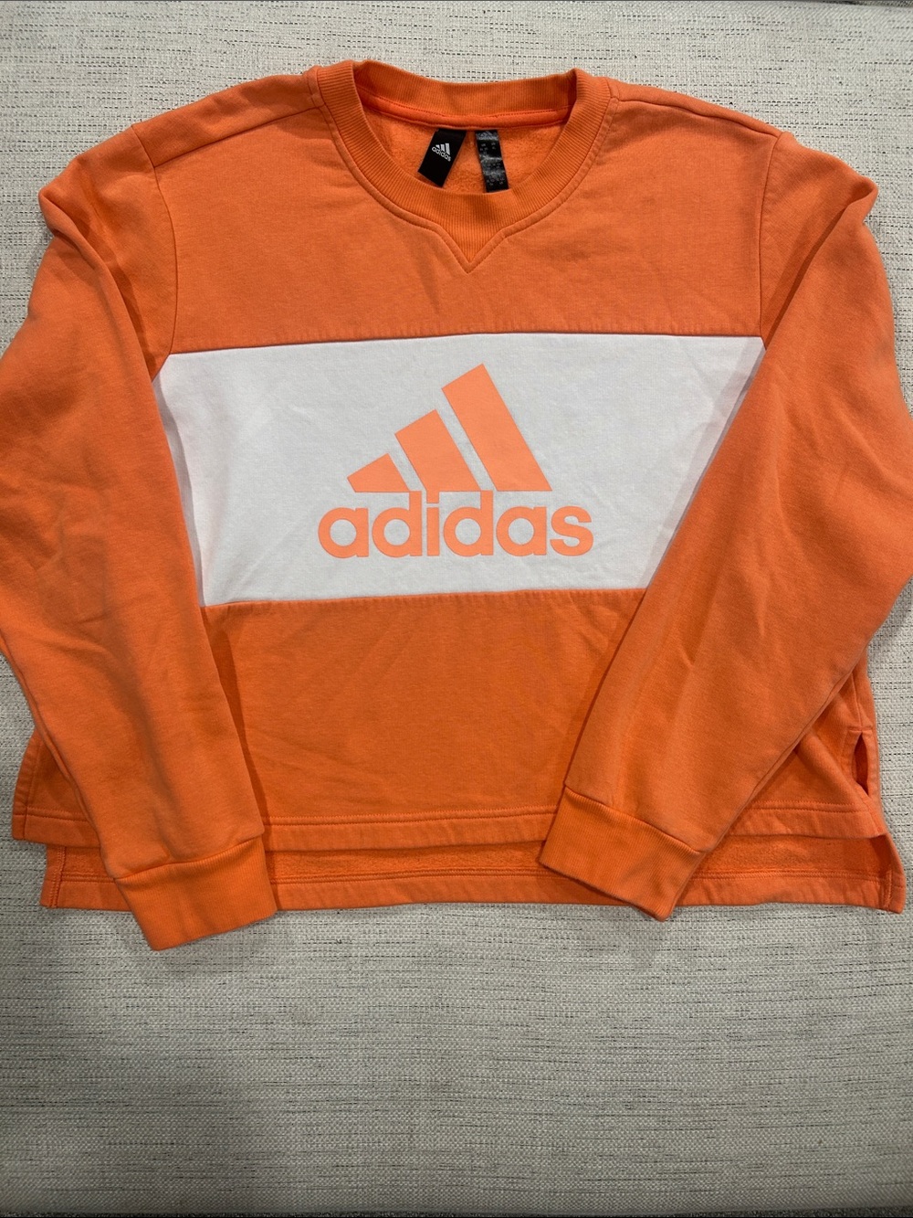 adidas Neon Orange and White Logo Crewneck Cropped Sweatshirt